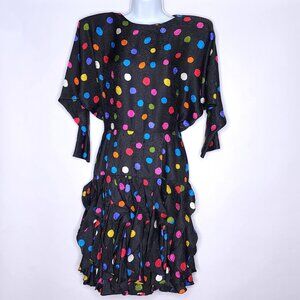 VTG GILLIAN 100% Silk Dolman Sleeve Ruffled Dress Size 10 Black Polka Dot 80's